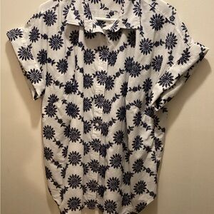 Chaps White and Blue Casual Button Down Shirt with Embroidered Floral Print